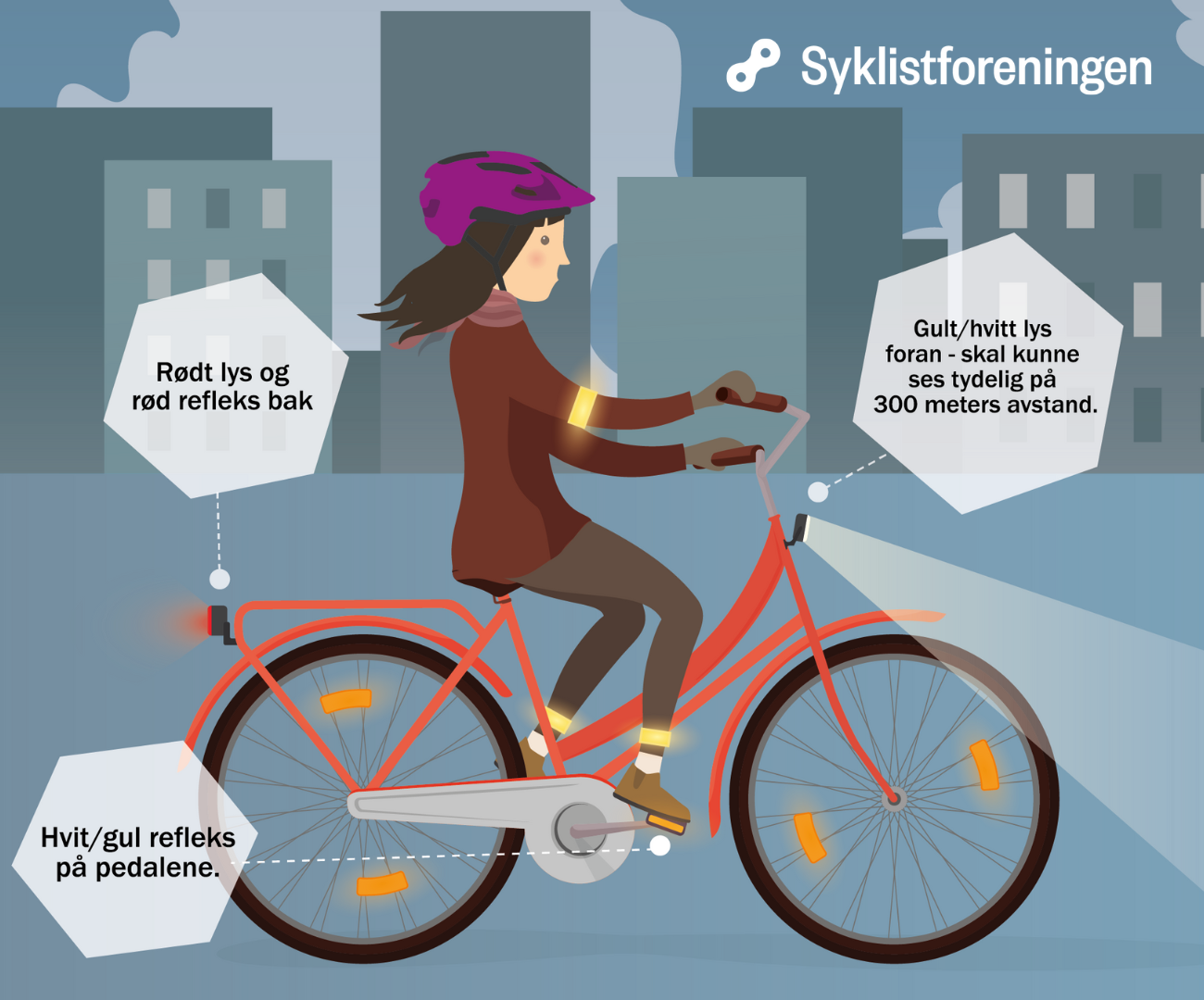 Jente sykler i mørket med lys (tegning)